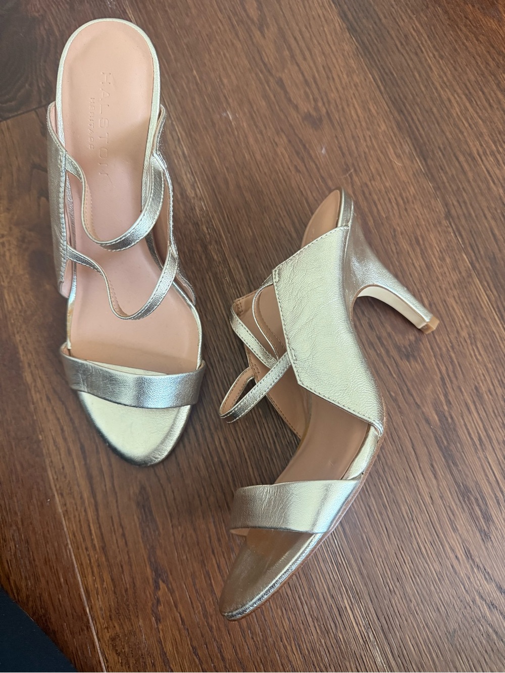 Halston Heritage Metallic Gold Strappy Mid-Heel Sandals for Women